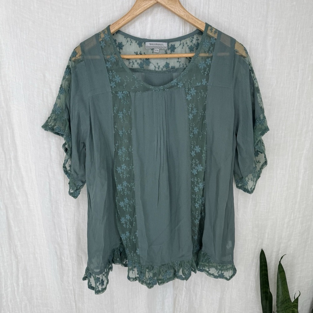 Embroidered Romantic Boho Top M Forest Fairy Earthy Green Lace Trim Relaxed